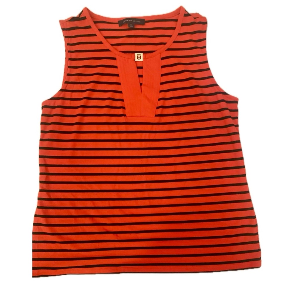 Red & black striped top. Silky soft; styled neck with designer ornament.